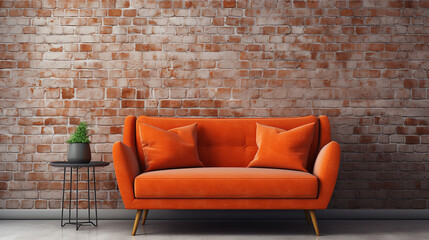 cute orange velvet loveseat sofa in empty room with brick wall. interior design - obrazy, fototapety, plakaty