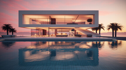 exterior of modern minimalist cubic villa with swimming pool on sunset