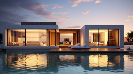 exterior of modern minimalist cubic villa with swimming pool with reflection on water - obrazy, fototapety, plakaty