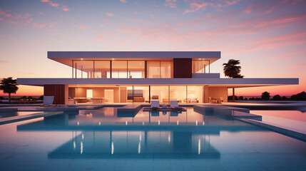 exterior of modern minimalist cubic villa with swimming pool - obrazy, fototapety, plakaty