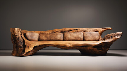 handmade unique rustic sofa made from solid wood on dark background - obrazy, fototapety, plakaty