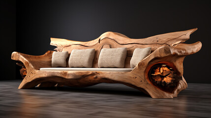 unique handmade rustic sofa made from solid wood on black background