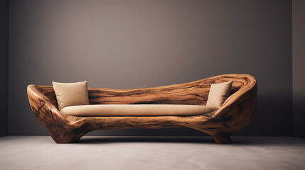 simple handmade unique rustic design sofa made from solid wood on black background - obrazy, fototapety, plakaty