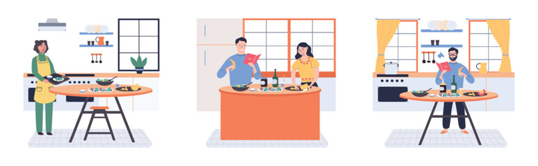 People cooking vegetarian food. Vector illustration. Man and woman with children preparing food for dinner. People cooking. Husband and wife are preparing together. Man and woman in the kitchen