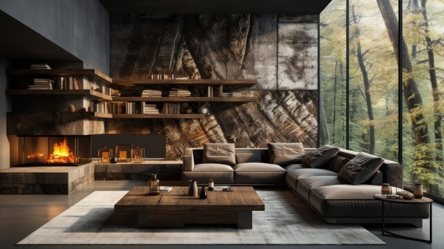 Interior of cozy living area in modern luxury cottage. Stone wall, corner sofa with cushions, rough wooden coffee table, fireplace, bookshelf. Panoramic window with forest view. Eco home design.