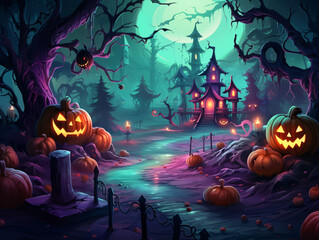 Happy Halloween and spooky forest with an old house in the background. Pumpkin decoration along the path through the forest. Generative Ai