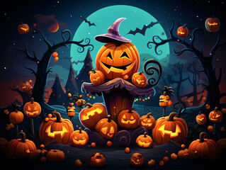 The laughing Halloween pumpkin is wearing a witch's hat and we can see several other orange pumpkins in the background. Generative Ai