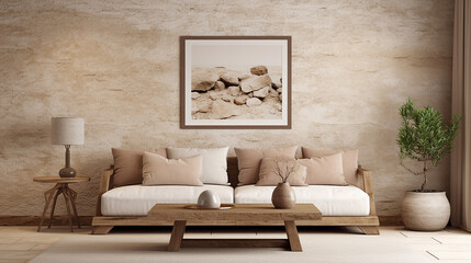rustic sofa and side table near beige stucco wall wooden table