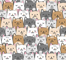 Seamless background of cute colorful cartoon cats, vector illustration for fashion, poster, wallpaper, sticker, cover designs