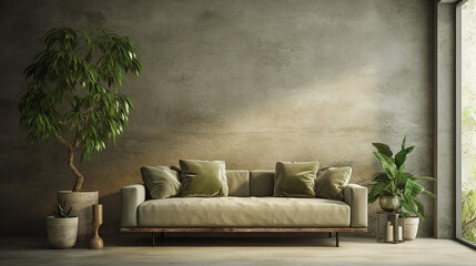 sofa in room with grunge stucco wall and much grernery