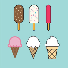 Set of 6 six ice-cream flat illustration