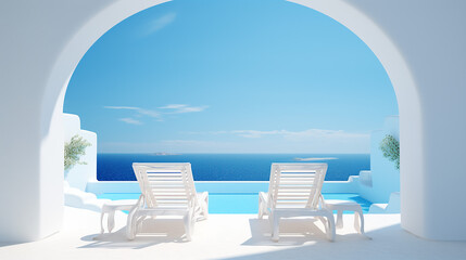 traditional mediterranean architecture under blue clear sky with sun beds on white terrace with arch