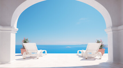 Fototapeta na wymiar two sun beds on white terrace with arch. traditional mediterranean architecture under blue clear sky. Summer vacation background