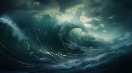 A metaphorical stormy sea, waves crashing and swirling, symbolizing the emotional turbulence within - obrazy, fototapety, plakaty