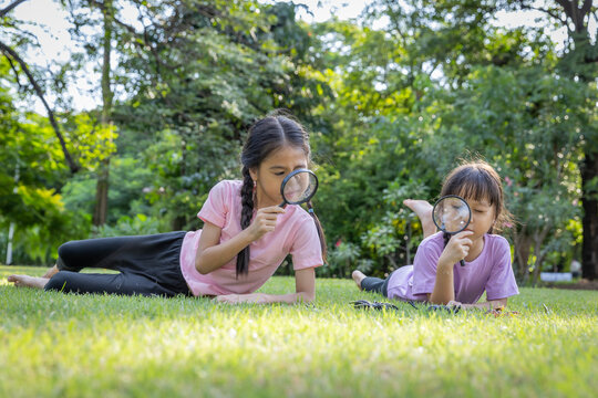 Using a magnifying glass to look at insects in the grass can be an exciting and educational activity for children.
