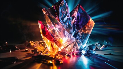 A shattered glass prism refracting light in various directions, symbolizing the diversity of emotions