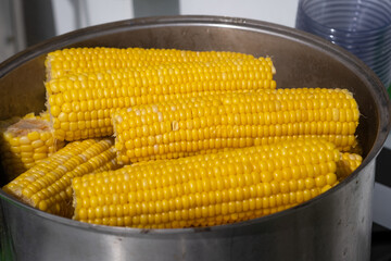 A street vendor cooks corn in a pot and sells it. Lots of sweet, delicious and boiled corn.