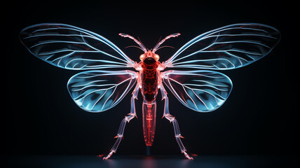 Fototapeta premium fantastic macro insect invented isolated on a black background, glowing transparent unusual creature generated