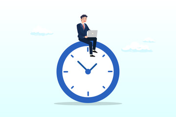 Confident businessman using computer laptop sitting on clock working at night with colleague in other country, after hours worker, working late overtime or career that work in different time (Vector)