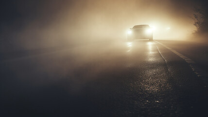 autumn fog on a wet night road in the headlights of a car, autumn dangerous driving weather, fog in the light of a car