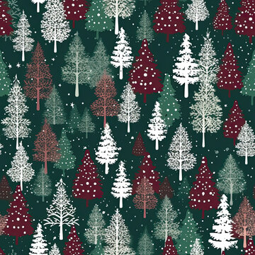 Christmas trees, forest green, burgundy, white snowflakes, vector, seamless pattern AI Generated