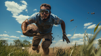 Muddy rugby player running on field.
