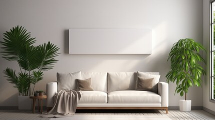 Front view of a modern minimalist scandi living room. White wall with poster template, comfortable couch with cushions, plants in pots, panoramic window. Home decor. Mockup, 3D rendering.