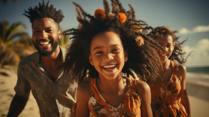 Happy african american man holding daughter's while running at beach.