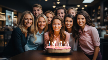Portrait of happy workers female colleagues friends holding birthday cake and smiling at camera in workplace.