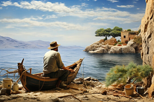 A gray-haired old man in a fishing boat sorts out nets for catching fish. An old seigneur fisherman in the bay catches fish. Fishing industry.