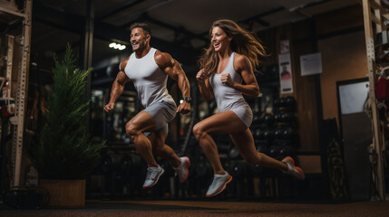 Fototapeta na wymiar Young couple running in the gym and flexing muscles - Muscular Athletic Bodybuilder Fitness Model Exercises.