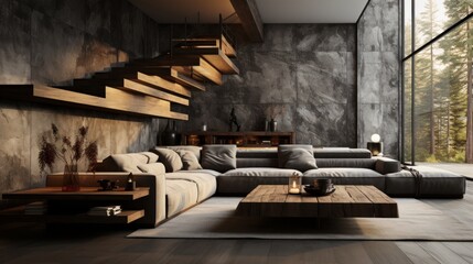 Interior of cozy living area in modern luxury cottage. Stone walls, comfortable corner sofa with cushions, rough wooden coffee table, wooden floor. Panoramic window with forest view. Eco home design.