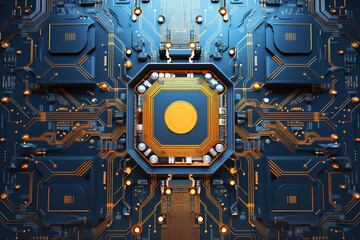 A powerful computer processor or chip on a motherboard. Modern technologies. Blue background.