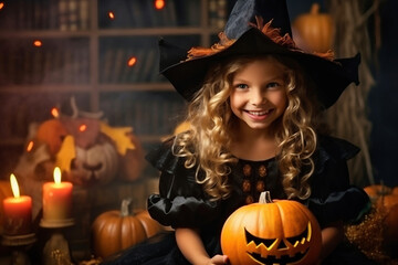 Happy cheerful little girl dressed as a witch or an evil sorceress in makeup is having fun at the Halloween celebration. Festive costume. Jack lantern.