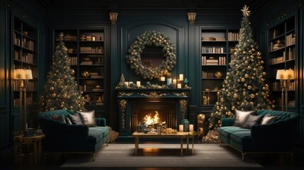 Interior of luxury art-deco living room with Christmas decor in green and gold. Blazing fireplace, wreath, garlands and candles, elegant Christmas tree, comfortable cushioned furniture, bookcase.