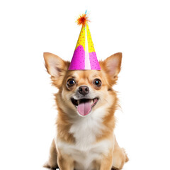 Obraz premium Fluffy dog with birthday cap isolated
