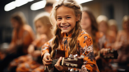 Little girl playing guitar and singing in music school class with her friends.