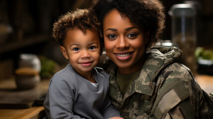 Military african american mother with son, wearing army uniform, family reunion, motherhood and returning home from war.