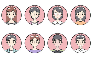 私服を着た中学生・高校生の男女　ポジティブな表情　丸いアイコンセット　ピンク