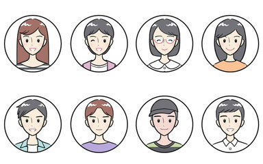 私服を着た中学生・高校生の男女　ポジティブな表情　丸いアイコンセット　ホワイト