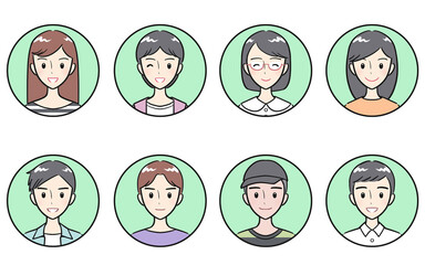 私服を着た中学生・高校生の男女　ポジティブな表情　丸いアイコンセット　グリーン