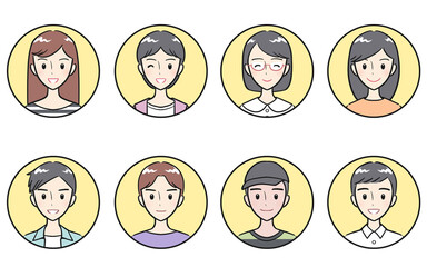 私服を着た中学生・高校生の男女　ポジティブな表情　丸いアイコンセット　イエロー