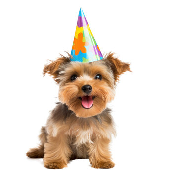 Fluffy dog with birthday cap isolated
