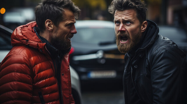 Two bearded men arguing on the street in the evening during car accident. They are angry and shouting.