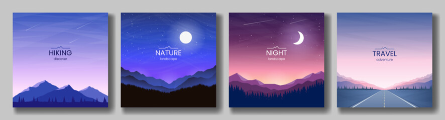 Fototapeta na wymiar A collection of four landscapes. Mountain peaks, night sky, moon and stars, bright sunset, road in the mountains. Concept of tourism. Design for card, banner, invitation, brochure, cover. Vector image