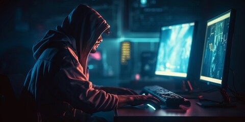 Gaming at His Computer with Neon-Lit Monitors. Detailed Atmospheric Portraits in the Gadgetpunk