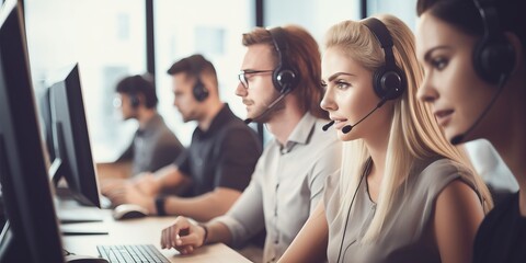 Customer Support: Responsive Representatives at Work in a Bustling Call Center - obrazy, fototapety, plakaty
