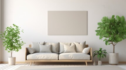 Front view of a modern minimalist scandi living room. White wall with poster template, comfortable couch with cushions, plants in pots, rug on the floor. Home decor. Mockup, 3D rendering.
