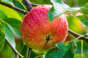  Ripe apple with dew drops on a tree in Germany