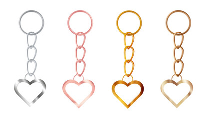 A set of copper or bronze, gold or brass, silver or steel, pink gold keychains in the shape of a heart. Metal key holders isolated on white background. Realistic vector illustration.